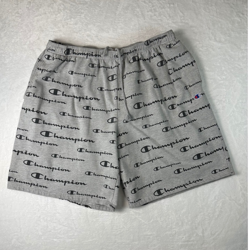 Champion Mens Gray All Over Script Logo Jersey Shorts 2XL Crotch Flaw